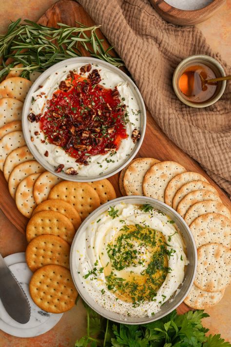 This Whipped Goat Cheese Dip is a great appetizer and party food. Whip goat cheese until creamy then add sweet or savory toppings. Whipped Goat Cheese Dip, Goat Cheese Dip, Goat Milk Recipes, Roasted Garlic Hummus, Sour Cream Dip, Whipped Goat Cheese, Chocolate Dipped Fruit, Goat Cheese Recipes, Baked Cheese