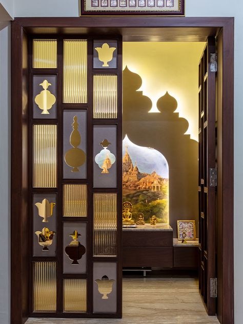 Puja Room Entrance Design, Luxurious Mandir Design For Home, Pooja Unit Door Design, Luxury Pooja Room Design, Mandir Doors, Pooja Room Doors, Mandir Partition, Mandir Door Design, Mandir Door