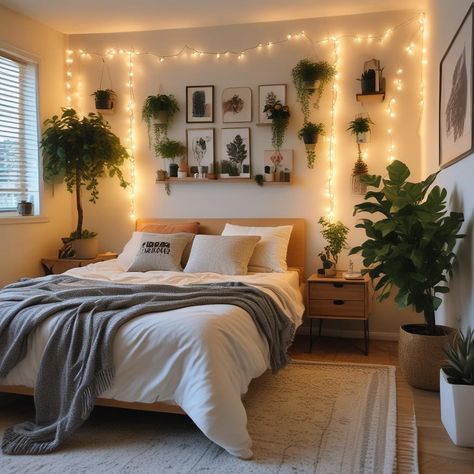 String Lights Above Bed, Lights Above Bed, Cozy Teen Bedroom, Art Above The Bed, Wall Decor Above Bed, Blanket Wall, Bedroom Vibes, Bedroom Decor Inspiration, Wooden Side Table