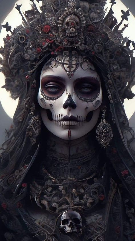 Mexican Sugar Skull Art Beautiful, Undead Queen, Midjourneyart Girl, Skeleton Queen, Meeting Celebrities, Sugar Skull Artwork, Neural Art, Weird Photography, Aztec Tattoo