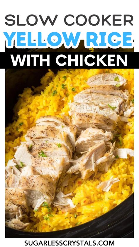 Enjoy a warm bowl of comfort with this easy crockpot chicken and yellow rice recipe. Perfect for those busy days, simply combine chicken breasts and cream of chicken in your slow cooker and let it simmer. Serve it with fluffy yellow rice cooked separately, soaking up all the delicious flavors. This chicken and rice dinner is not only satisfying but also a breeze to make, making it a perfect addition to your easy family meals rotation. Rice In The Crockpot, Cooking Chuck Roast, Chicken And Yellow Rice Recipe, Crockpot Chicken And Rice, Chicken And Rice Dinner, Chicken And Yellow Rice, Yellow Rice Recipes, Comforting Dinner, Easy Crockpot Chicken