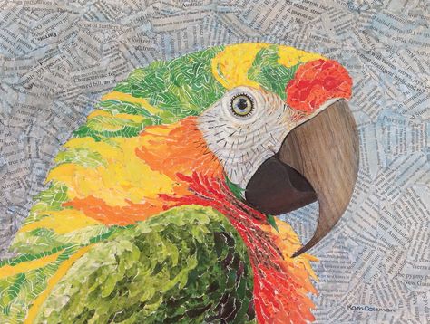 "Parrot" - by Kath Coleman Torn and cut paper collage Paper Parrot, Collage Sketchbook, Jungle Artwork, Torn Paper Collage, Friends Collage, Mosaic Art Projects, Collage Art Projects, Torn Paper, Sketchbook Art