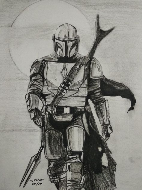 Pencil sketch of The Mandalorian. Charcoal pencils. Bounty Hunter, The Mandalorian, Boba Fett, Pencil Sketch, The Star, Star Wars, Sketch, Pencil