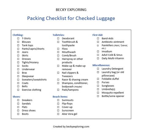 Packing Checklist for Checked luggage Checked Bag Packing List, Checked Luggage Packing List, Luggage Size Guide, How To Pack Checked Luggage, Luggage Packing List, Check In Luggage, Luggage Packing, Airplane Travel Essentials, Travel Packing Checklist