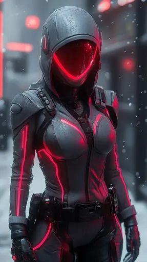 ↑↑↑ Larger size on website 🔸 A futuristic female figure, clad in a sleek black suit accented with vibrant red glowing lines. Her Spy Suit, Marvel Dr, Snow Falling, Female Figure, Black Suit, Black Suits, Vibrant Red, Sleek, Marvel