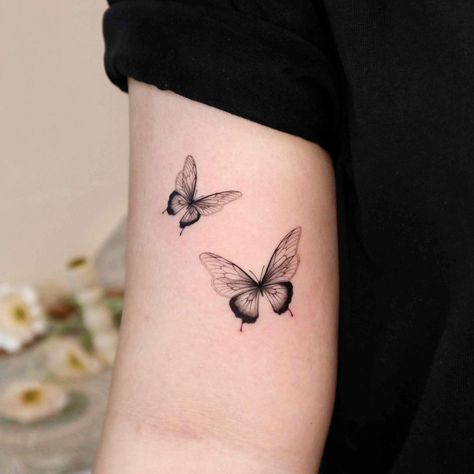 Butterfly Tattoo Placement Ideas, Butterfly Tats, Watercolor Butterfly Tattoo, Black Butterfly Tattoo, Barbie Jokes, Chrysanthemum Tattoo, Flower Wrist Tattoos, Butterfly Tattoos For Women, Small Pretty Tattoos