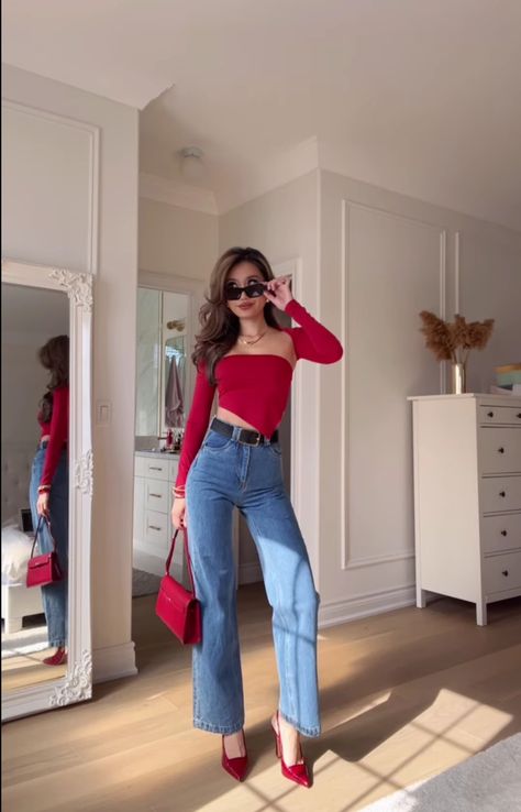 Outfit Ideas With Red Heels, How To Style Shirt In Winter, Modest Latina Outfits, Scorpio Venus Aesthetic Outfits, Red Longsleeves Outfit, Red Shirt Outfit Ideas, Red Date Night Outfit, Red Top Outfit Casual, Medium Size Outfits