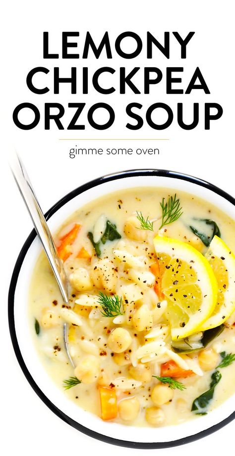 LOVE this Lemony Orzo Chickpea Soup recipe! It's a vegetarian spin on Greek avgolemono soup, brightened up with lots of lemon juice and fresh herbs, and made extra creamy by folding a few eggs into the broth (instead of cream). It's the perfect light vegetarian soup recipe! | gimmesomeoven.com #soup #healthy #vegetarian #greek #lemon #orzo #dinner #mealprep Orzo Chickpea Soup, Orzo Chickpea, Greek Avgolemono Soup, Orzo Dinner, Lemony Orzo, Avgolemono Soup, Lemon Orzo, Soup Healthy, Orzo Soup