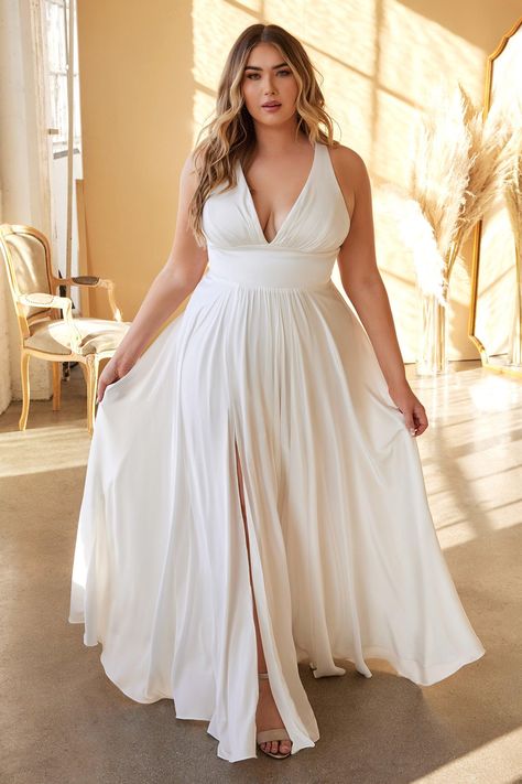 The long A-line bridal gown is perfect for your romantic wedding dreams. With its soft cup inserts that help keep you comfortable, this dress is just right for your special day! If you're looking for an affordable yet beautiful option, we have what you need! Fabric : Satin Length: Full Length Sleeve Style: Sleeveless Color: Off White Sizes : 14, 16, 18, 20, 22, 24 Fully Lined Occasion : Wedding DressesVendor: Cinderella DivineStyle: CD7469WW Beach Elopement Dress Plus Size, Boho Reception Dress, Lesbian Wedding Dress, Plus Size Beach Wedding Dress, Size 20 Wedding Dress, Beach Elopement Dress, Simple Plus Size Wedding Dresses, Wedding Rehearsal Dress, Simple Wedding Dress Casual