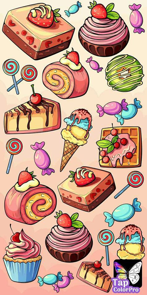 Cute Baking Wallpaper, Vintage Aesthetic Stickers Printables, Baking Wallpaper, Colored Pencil Artwork Ideas, Cute Food Wallpaper, Funky Wallpaper, Pink Wallpaper Backgrounds, Colored Pencil Artwork, Food Illustration Art