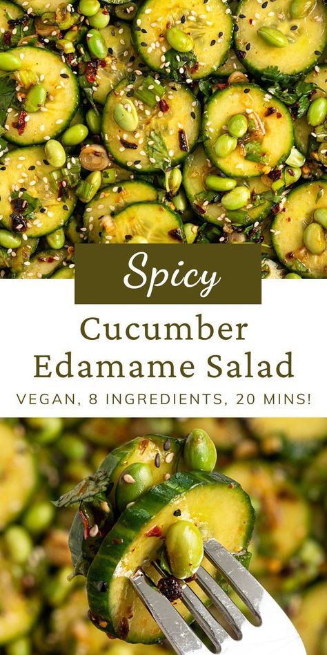 This is the BEST Spicy Edamame Cucumber Salad made with 8 easy ingredients! This Asian cucumber salad is made with rice vinegar, garlic, soy sauce, chili crisp, scallions, & cilantro for a vegan salad that is a refreshing dish when served as a side-dish, appetizer, or a healthy snack. White Bean And Cucumber Salad, Cucumber Edamame Salad, Spicy Edamame, Asian Salads, Cucumber Snacks, Spicy Cucumber Salad, Spicy Cucumber, Edamame Recipes, Chili Crisp