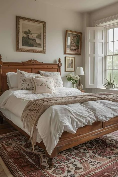 Master Bedrooms Antique, Modern Antique Decor Bedroom, Guest Room Designs, Southern Cottage Homes Interior, English Country Home Aesthetic, Adding Warmth To A Grey Room, Traditional Home Aesthetic, Window Above Bed Ideas, Antique Bedroom Aesthetic