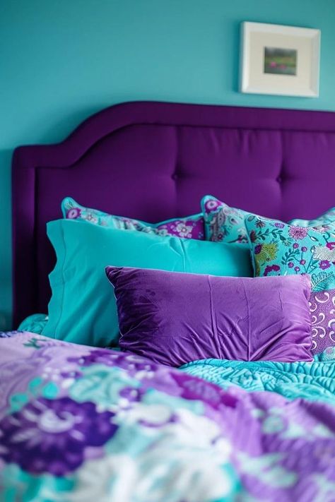 Purple and Turquoise Bedroom Ideas I Adore Teal Pink Purple Bedroom, Girls Bedroom Ideas Turquoise, Purple Bedroom Ideas For Kids, Teal Wall Bedroom, Purple And Teal Bedroom, Purple And Blue Bedroom, Purple Teal Bedroom, Teal Kids Room, Turquoise Bedroom Ideas