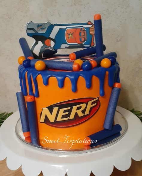 Boys Nerf Birthday Party, 10th Birthday Boy Cake, Nerf Birthday Party Ideas Cake, 6th Birthday Theme Boy, 11th Birthday Cake Boy, 8th Birthday Cake Boys, Nerf Cakes For Boys, Nerf Cake Ideas, Nerf Birthday Shirt