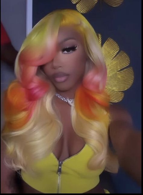 Colorful Lace Front Wig Black Women, Summer Wig Colors Black Women, Bright Wig Colors Black Women, Yellow Braids, Crazy Color Hair Ideas, Colorful Wigs, Wig Colors, Color Wigs, Yellow Wigs On Black Women