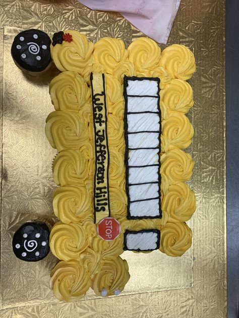 Bus Cupcake Cake, Bus Driver Retirement Cake, School Bus Second Birthday, School Bus Cupcake Cake, School Bus 2nd Birthday, School Bus Party Food, 2nd Birthday Bus Theme, School Bus Birthday Theme, School Bus Themed Birthday Party