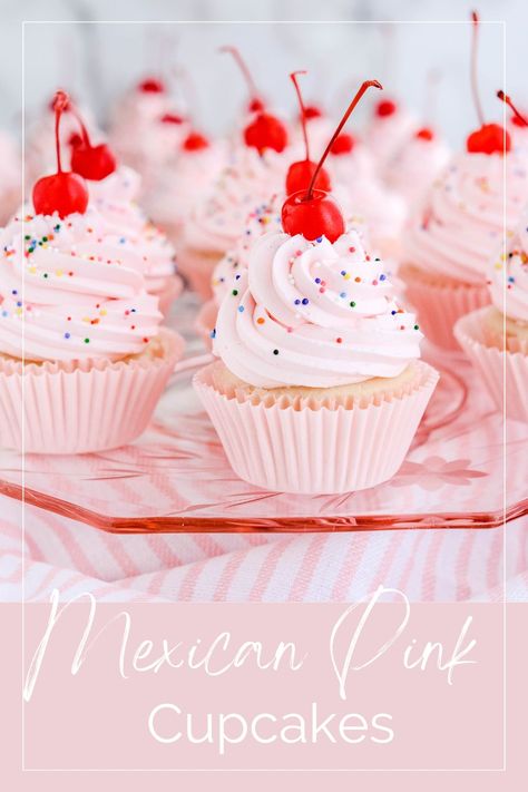 Pink Flavored Cupcakes, Pink Cupcake Flavors, Pink Girly Cupcakes, Pink Pastries, Mexican Cupcakes, Girly Cupcakes, White Cupcake Recipes, Pink Cupcakes Birthday, Gourmet Chocolate Covered Strawberries