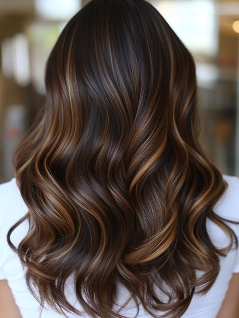 Beautiful Caramel Highlights on Brown Hair: Latest Trends, Tips, and Inspiration - Style US Coffee Brown Highlights On Dark Hair, Brown Hair With Caramel Highlights Balayage, Hair With Highlights Brown, Brunette W Caramel Highlights, Dark Brunette Hair With Caramel Highlights, Highlights To Brown Hair, Balayage On Straight Hair Brunettes, Red Caramel Highlights, Dark Hair Chocolate Highlights