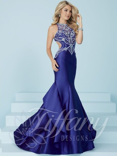 Tiffany Designs - Extravagant Beaded Illusion Neck Mermaid Dress 16245 In Blue High Neckline Dress, Tiffany Dresses, Sweet Sixteen Dresses, Pageant Gowns, Free Dresses, Prom Dress Shopping, Dreamy Dress, Pageant Dresses, Formal Dresses Prom