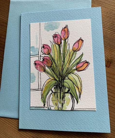 Impressionism Art Flower Easy, Easy Watercolour Card, Watercolor Cards Ideas Birthday, Watercolour Birthday Cards, Watercolor Cards Ideas, Watercolour Birthday Card, Tulip Cards, Tulip Card, Birthday Card Watercolor