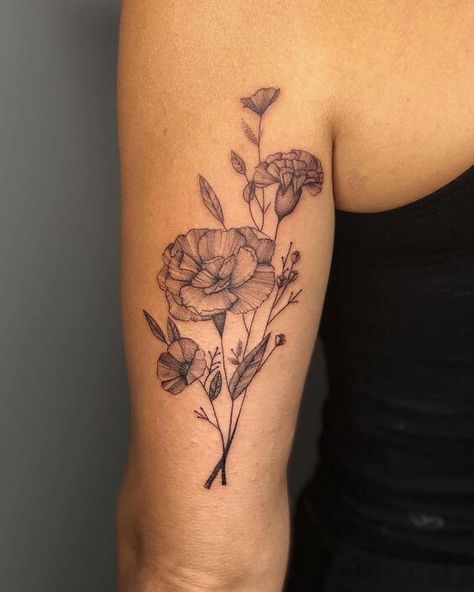 180+ Beautiful Birth Flower Tattoo Ideas (2023) - TattoosBoyGirl Poppy Carnation Tattoo, Tattoos Of Carnations, Large Carnation Tattoo, Poppy Flower Rib Tattoo, Carnation Flower Tattoo Arm Sleeve, Carnation Flower Tattoo Hip, Carnation Arm Tattoo, Carnation And Poppy Flower Tattoo, Carnation Hip Tattoo