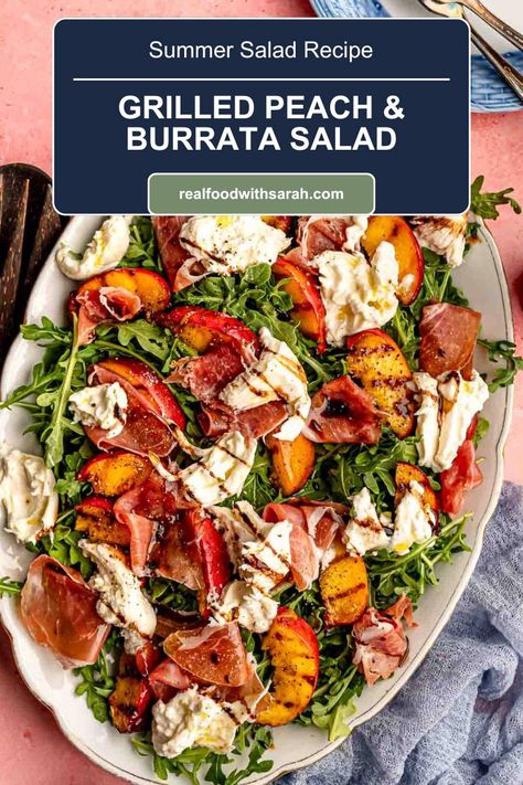 This Grilled Peach Salad is perfect for your summer parties. Sweet peaches, salty prosciutto and creamy burrata are served over arugula or your favorite greens for a delicious summer salad. Grilled Peach Burrata Prosciutto, Peach Burrata Prosciutto Salad, Salads And Sides, Grilled Peaches Burrata Prosciutto, Prosciutto Peach Salad, Arugula And Prosciutto Salad, Arugula Peach Burrata Salad, Grilled Peach Burrata, Summer Spread Food