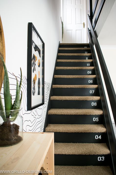 Entrance and Stairs Makeover (for small space dwellers) • Grillo Designs Concrete Stairs Makeover, Painted Stair Risers, Stairway Carpet, Staircase Gallery, Stairs Makeover Design, Diy Stairs Makeover, Stairs Makeover Ideas, Stairs Renovation, Stair Makeover