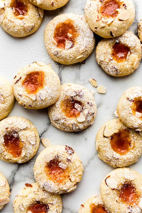 Apricot Cream Cheese Thumbprint Cookies - Sally's Baking Addiction Cream Cheese Thumbprint Cookies, Cheese Thumbprint Cookies, Cakey Cookies, Fruity Cookies, Caramel Apple Spice, Apricot Recipes, Sally's Baking, Jam Cookies, Almond Extract