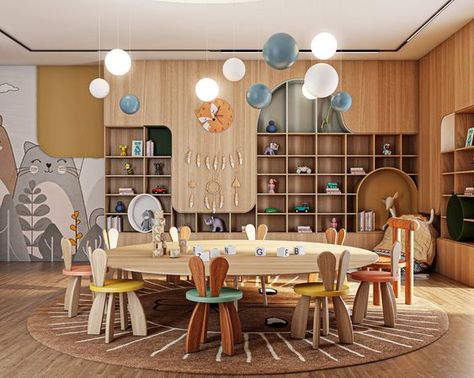 Japanese Daycare, Modern Daycare Design, Private Kindergarten, Daycare Interior Design, Rocking Bed, Bed Montessori, Education Design Interior, Kindergarten Interior, Preschool Designs