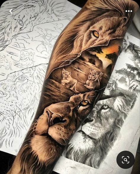 Lion Cub Tattoo, Scenery Tattoo, Lion Forearm Tattoos, Family Tattoos For Men, Cubs Tattoo, Animal Sleeve Tattoo, Father Tattoos, Lioness Tattoo, Lion Tattoo Sleeves