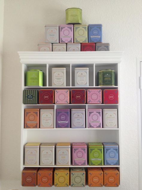 I want a tea tin display like this is my kitchen... already started collecting some Harney & Sons Fine Teas! Tea Shelf Display, Tea Nook, T2 Tea, Tea Shelf, Harney And Sons Tea, Oasis Design, Tea Organizer, Tea Display, Tea Organization