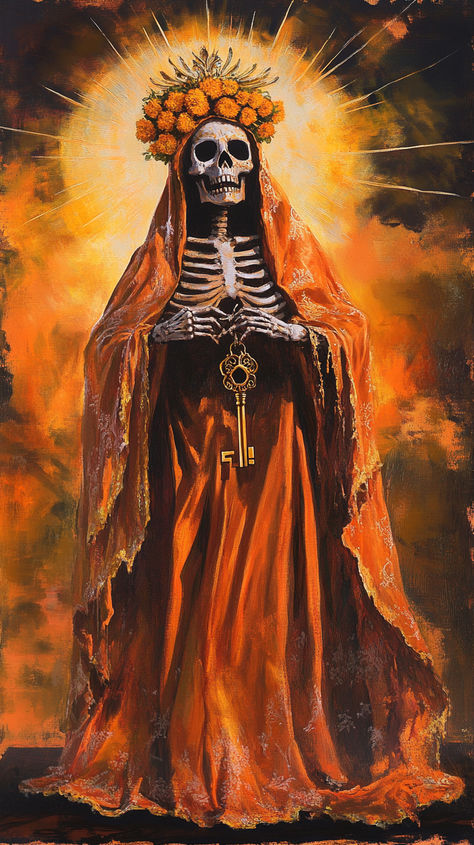 Discover this stunning artwork of Santa Muerte cloaked in vibrant orange, symbolizing road-opening and new beginnings. She stands gracefully holding a golden key, crowned with marigolds, and surrounded by an aura of radiant light. Perfect for those seeking spiritual guidance, breakthroughs, and blessings in their journey. Add a touch of mysticism and empowerment to your space with this captivating depiction. 🌟 #SantaMuerte #SpiritualArt #RoadOpening #MexicanFolkSaint Santa Muerte Wallpaper, Cult Symbols, Santa Muerte Art, Santa Muerte Altar, His And Hers Hoodies, Catrina Costume, Prayer For Son, Mexican Artwork, Hippie Goth