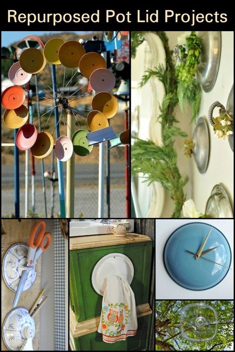 Why trash old pot lids when you can upcycle them in so many different ways? Old Pot Lids Repurposed, Old Pans Repurposed Ideas, Pot Lids Repurposed, Upcycle Pots And Pans, Repurpose Pots And Pans, Repurpose Enamelware, Old Pots And Pans Repurpose, Repurposed Items Upcycling, Upcycle Kitchen