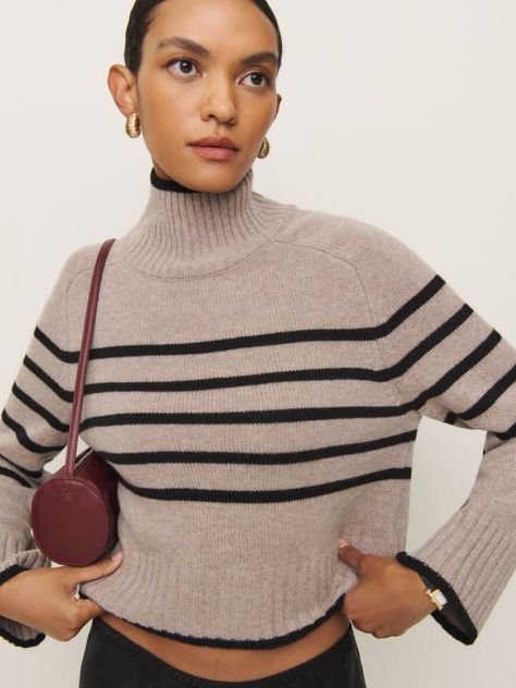 Layer up. Shop the Brooke Cashmere Cropped Turtleneck from Reformation, a cropped, turtleneck sweater with a flared sleeve and ribbing throughout. Cozy Womens Sweaters, Black Pleated Midi Skirt, Smart Casual Women Outfits, Casual Women Outfits, Smart Casual Women, Cropped Turtleneck, Black Jumper, Womens Sweaters, Oliver Bonas