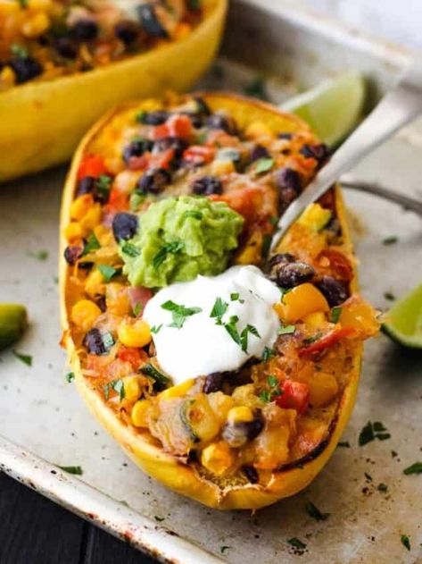 Spaghetti Squash Burrito Bowls Story - Toaster Oven Love Squash Recipes Vegan, Spaghetti Squash Burrito, Spaghetti Squash Recipes Chicken, Spaghetti Squash Recipes Vegan, Healthy Burrito Bowl, Spaghetti Squash Recipes Healthy, Spaghetti Squash Recipes Easy, Toaster Oven Recipes, Sweet Potato Nachos