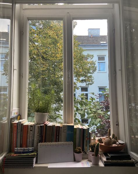 Window Bookshelf Ideas, Books In Window Sill, Large Window Sill Decor, Books On Windowsill, Windowsill Decor Aesthetic, Books Windowsill, Window Book Shelf, Apartment Window Aesthetic, Window Sill Aesthetic