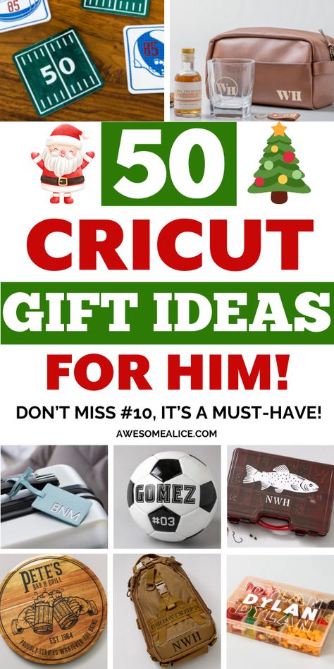 Explore 50 personalized DIY gift ideas for him with your Cricut, perfect for birthdays, Christmas, and beyond! From custom shirts and mugs featuring his interests crafted with iron-on and infusible ink to unique decor and cards made with adhesive vinyl and cardstock, these Cricut projects offer endless inspiration for heartfelt and memorable gifts. Cricut Projects Men Gift Ideas, Coworker Christmas Gifts For Men, Htv Christmas Gifts, Best Cricut Gifts For Christmas, Cricut Gift Ideas For Men, Circuit Projects Ideas To Sell, Christmas Gift Cricut Ideas, Cricut Projects For Christmas Gifts, Diy Cricut Christmas Gifts