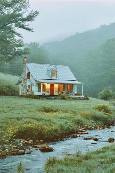 White House With Sage Trim, A Small House, Cottage In The Woods, Honey Bear, Dream Cottage, Small Cottage, Cabins And Cottages, Decoration Inspiration, Dream House Exterior