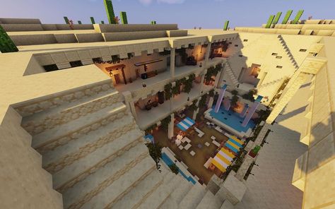 Desert Villager Trading Hall Minecraft, Underground Village Minecraft, Minecraft Savanna Village, Desert Village Minecraft, Minecraft Badlands, Minecraft Desert Village, Underground Hotel, Minecraft Desert, Minecraft Mine