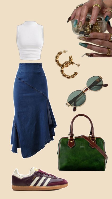 This chic outfit features a crisp sleevless white tank top, perfectly fitted for those warm days. Paired with a dark denim maxi skirt, which boasts a stunning blend of structure and playful ruffles. Adding a pop of color, the maroon sambas bring a sporty yet sophisticated touch, complemented by a stylish green bag with maroon handles. Gold accessories and sleek sunglasses finish off the look, making it an effortlessly trendy and versatile choice for any occasion. Pin this now for your next fashion inspiration! Denim Maxi Skirt, Next Fashion, Gold Accessories, White Tank, White Tank Top, Dark Denim, Green Bag, Summer Casual, Maxi Skirt