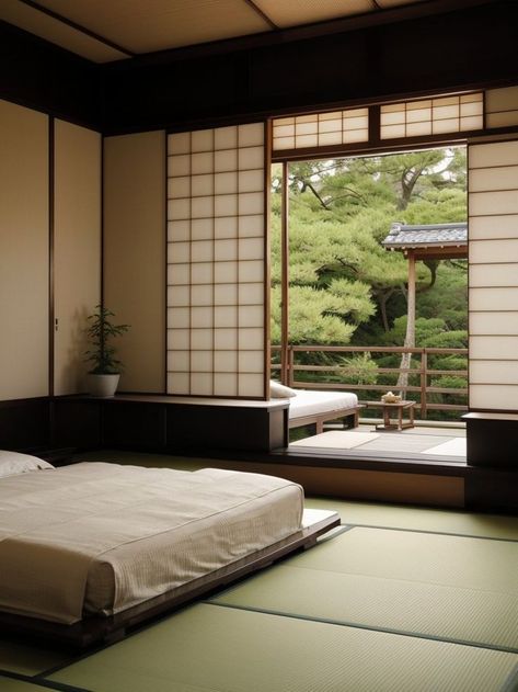 Embrace the serene and minimalist vibes of a traditional Japanese bedroom by incorporating elements such as a low platform bed, shoji screens, and a tatami mat flooring. Enhance the atmosphere with soft lighting from paper lanterns and add a touch of nature with bonsai plants or a small rock garden. Traditional Japanese Bedroom, Japanese Bedrooms, Small Rock Garden, Shoji Screens, Low Platform Bed, Japanese Bedroom, Tatami Mat, Bonsai Plants, Paper Lanterns