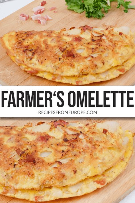 Looking to make a delicious Farmer's Omelette? This classic dish popular in southern Germany and Austria is packed with bacon, cheese, and potato for a great brunch! #brunchrecipes #europeanrecipes Omelet Recipes, Omlet Recipes, Cheese Omelette, Scrambled Eggs Recipe, Omelets Recipe, Bacon Potato, Southern Germany, Omelette Recipe, Egg Dishes