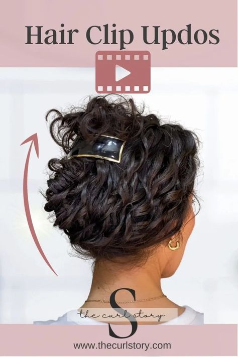 Updos For Medium Length Hair Easy Tutorials Videos Up Dos, Curly Hair Barrette Styles, Barrette Updo, Up Dos For Curly Hair Natural Curls, Office Updo Easy, Super Simple Updos, Office Hairstyles For Curly Hair, Short Updo Hairstyles Easy, Easy Updos For Fine Hair