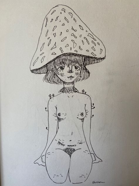 Mushroom Couple Drawing, Petite Body Drawing, Mushroom Face Drawing, Mushroom Girlfriends Drawing, Tracing Art Drawing Ideas, Acne Drawing Reference, Body Marks Drawing, Love Your Body Drawing, Body Disphorphia Drawing