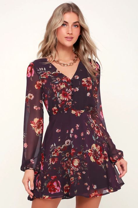 Dresses Casual Long Sleeve, Burgundy Skater Dress, Purple Cocktail Dress, Long Sleeve Skater Dress, Long Sleeve Cocktail Dress, Floral Skater Dress, New Rock, Different Dresses, Romantic Dress