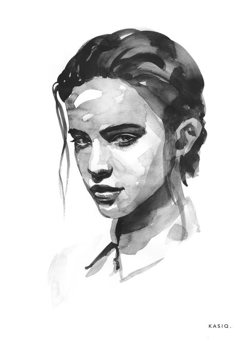 watercolor Portraits on Behance Kasiq Jungwoo, Black And White Watercolor, Monochrome Painting, Female Artwork, White Watercolor, Female Art Painting, Watercolor Painting Techniques, Watercolor Portrait, Colorful Portrait