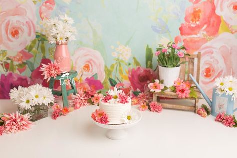 Wildflower Smash Cake Girl, Cake Smash Flower Theme, Floral Cake Smash Photoshoot, Flower Cake Smash, Whimsical Smash Cake, Floral Garden Cake Smash, Birthday Flower Cake, Floral Cake Smash, 1st Year Cake