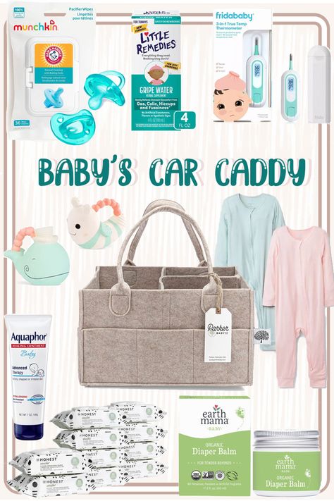 Car Caddy For Baby, Car Diaper Caddy Essentials, Postpartum Setup, Baby Car Organization, Baby Car Essentials, Car Diaper Caddy, Diaper Caddy Essentials, Baby Organization Ideas, Car Caddy