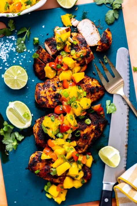 Grilled Chicken with Mango Salsa Chicken Thighs Tacos, Chicken And Mango Salsa, Chicken With Mango Salsa, Lemon Ginger Chicken, Paleo Chicken Chili, Chicken With Mango, Mango Pineapple Salsa, Mango Salsa Chicken, Greek Chicken Kabobs