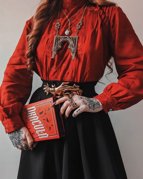 When @livelyghosts and @petalsandpoison are just a match made in heaven 🙏🌹 I love how beautifully all of these pieces go together. This blouse is one of my favourites and I'm so glad they released a red version as you all know how much I love my hint of red ♥️ Wearing the Vlad Blouse Dracula Skirt Full length Nevermore Cape Coat Spirescape, Sacred Arches, Cathedral Solace rings 🎃KLLSYM for 10% off @livelyghosts Lucerna Mourning Hand Belt Lenore's Tomb Curio Ring Allerdale Arche Neckla... Gothic Red Outfit, Red Cape Coat, Gothic Fashion Victorian, Red Cape, Goth Look, Weird Fashion, Cape Coat, Dressed To Kill, Gothic Outfits